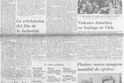 Tapa de La Nacion cuando Fischer se coronó Campeón Mundial de Ajedrez
