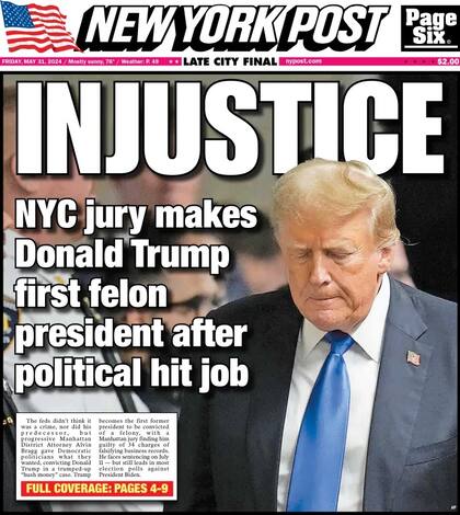 Tapa de la revista New York Post del día de hoy, viernes 31 de mayo