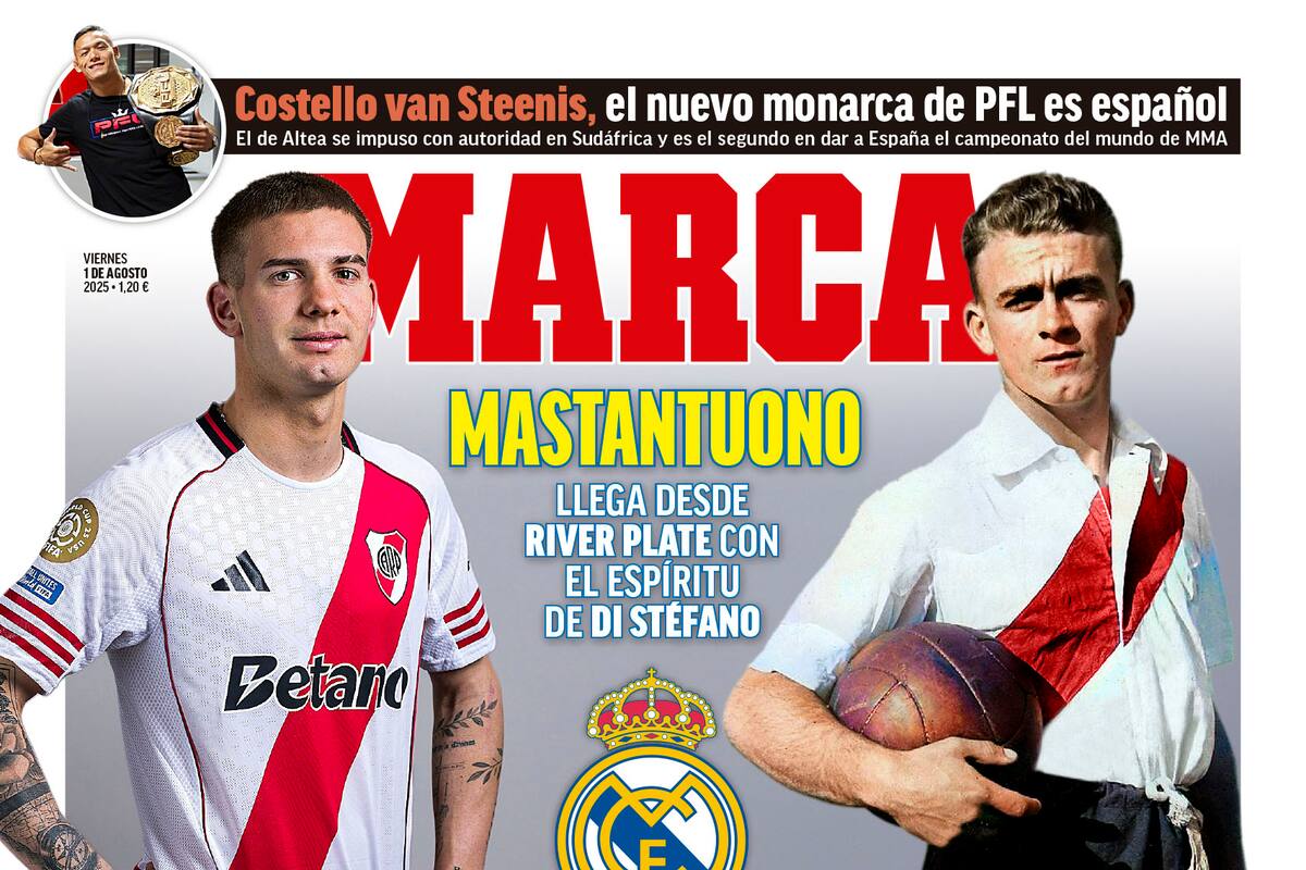 Tapa del diario español Marca en la que comparan a Franco Mastantuono con Alfredo Di Stéfano