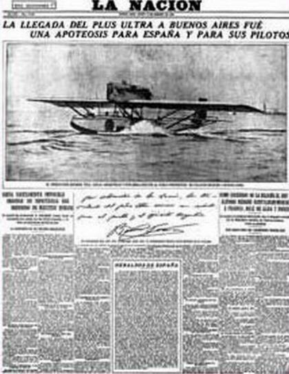 Tapa del diario LA NACION anunciando la llegada del hidroavión