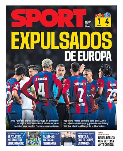 Tapa del diario Sport después de la eliminación de Barcelona