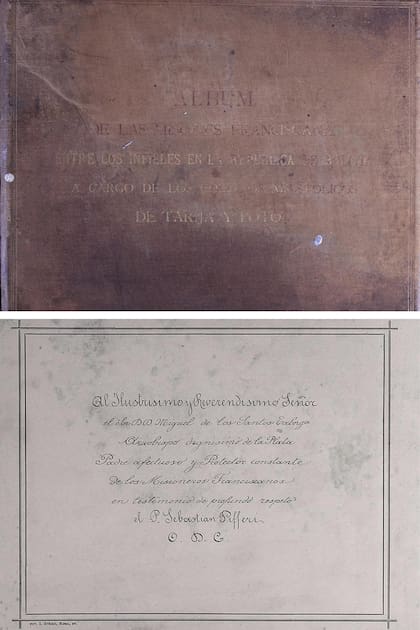 Tapa y dedicatoria del álbum que pertenece a la colección de César Gotta. Este es el tercero del que se tiene conocimiento, aunque es probable que el Padre Pifferi haya armado otros con las fotografías de Vincenzo Mascio.