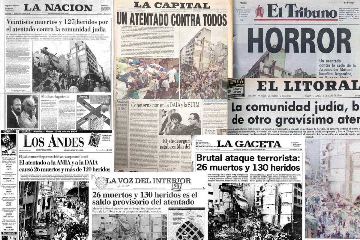 Tapas de diarios del 19 de julio de 1994, con la noticia del atentado a la Amia en Buenos Aires