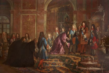 Tapicería encargada por Luis XIV. La escena tiene lugar en el Salón de los Espejos del Palacio de Versalles (Claude-Guy Hallé, 1715)