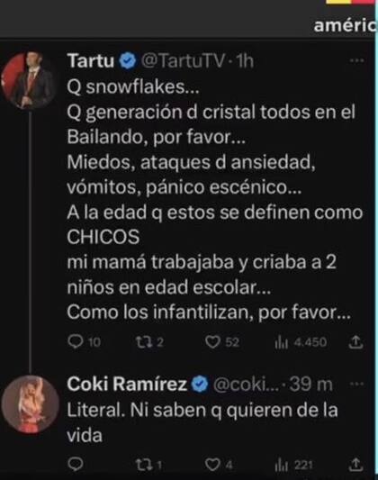Tartu y Coki Ramírez minimizaron las crisis que atraviesan los ex Gran Hermano. (Foto: captura X)