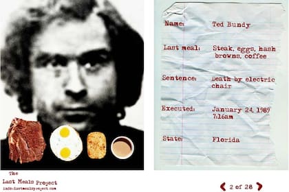 Ted Bundy es uno de los condenados a muerte que Kambouris sumó a su proyecto. El asesino serial eligió como su última comida un bife, huevos, croquetas de papas fritas y café
