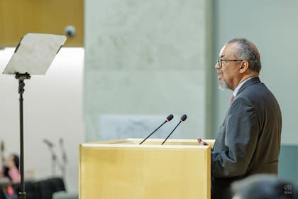 Tedros Adhanom Ghebreyesus, director general de la OMS, en el cierre de la 79° Asamblea Mundial del organismo hace dos semanas