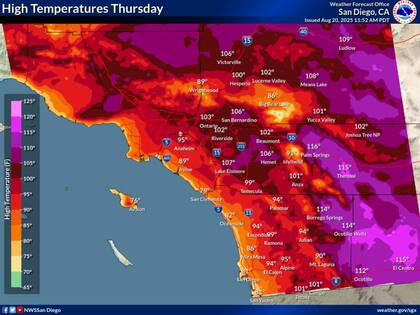 Temperaturas máximas en San Diego y alrededores para este jueves 21 de agosto
