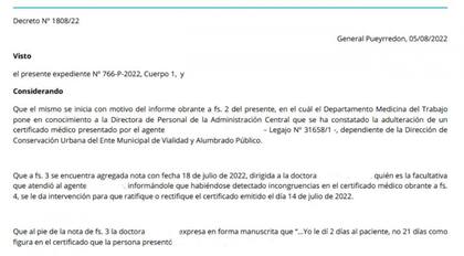 Tenía un certificado médico por 2 días y le agregó un 1 para tener 21: lo descubrieron (Foto: Gentileza 0223.com.ar)