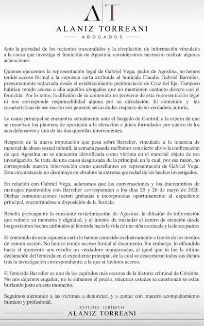 Texto de la abogada de Gabriel Vega.