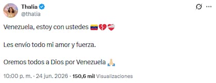Thalia le envió su apoto a Venezuela (Foto: X @thalia)
