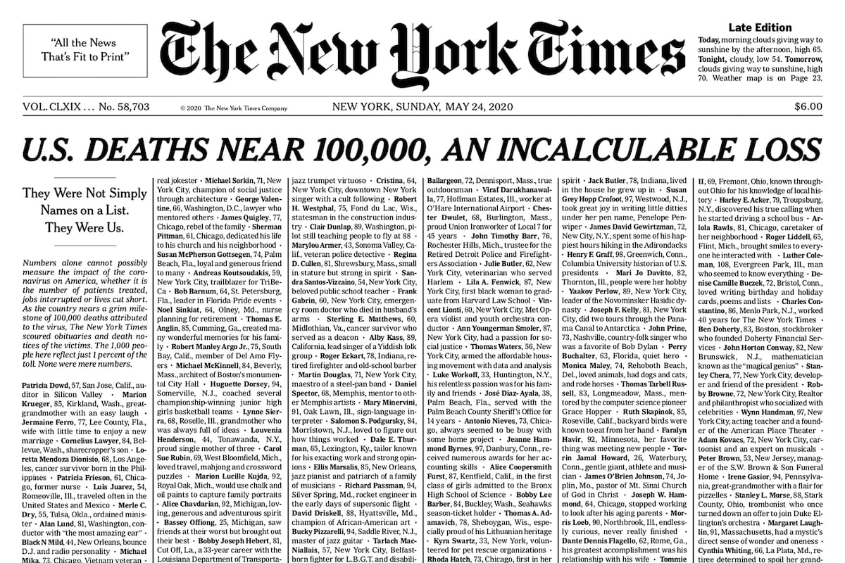 The New York Times publicó en su tapa los nombres y las historias de las 1000 personas fallecidas por el nuevo coronavirus en Estados Unidos