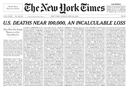 The New York Times publicó en su tapa los nombres y las historias de las 1000 personas fallecidas por el nuevo coronavirus en Estados Unidos