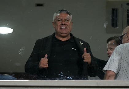 The president of the Argentine Football Association (AFA) Claudio Tapia gives his thumbs up during the Recopa Sudamericana first leg final football match between Argentina's Lanus and Brazil's Flamengo at the Ciudad de Lanus Stadium in Lanus, Buenos Aires province, on February 19, 2026. (Photo by JUAN MABROMATA / AFP)