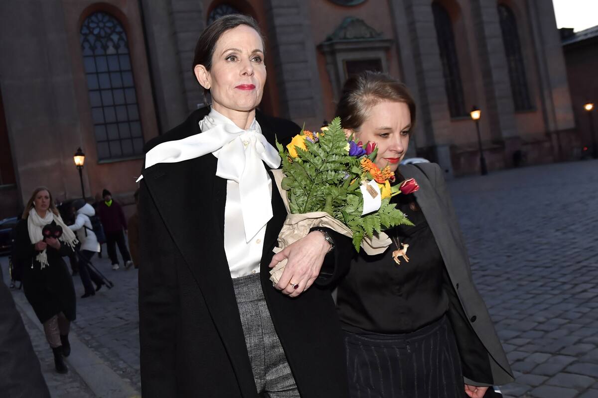 The Swedish Academys Permanent Secretary Sara Danius and academy member Sara Stridsberg leave a meeting at the Swedish Academy in Stockholm, Sweden, on April 12, 2018. Danius said to journalists that she will leave her position and the Swedish Academy immediately. The Swedish Academy, which awards t