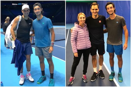 Thiago Tirante en 2019, cuando fue sparring de los "maestros" que compitieron en el ATP Finals: con Nadal y Federer (también su tía y, por entonces entrenadora, Vanesa)