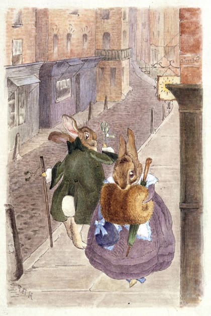 Tiggy Winkle y una ilustración creada por Potter para una tarjeta de Navidad