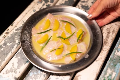 Tiradito de chernia con ciruelas frescas y huacatay, en Proyecto Pescado.