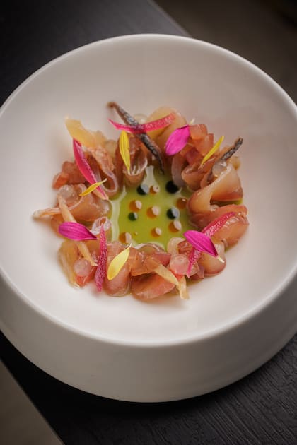 Tiradito del Paraná: leche de tigre, anchoas marplatenses, uvas y cebollas encurtidas con aceite de ajíes y perejil