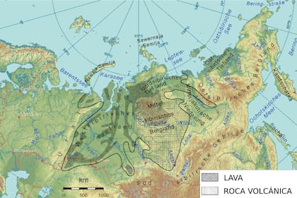 Toda la región de lo que ahora es Siberia, fue cubierta por siete millones de kilómetros cuadrados de lava, de los que aún se conservan en la actualidad dos millones de kilómetros cuadrados en forma de basaltos, rocas ígneas extrusivas de color oscuro
