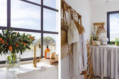 Todas las griferías se compraron a travé de Ali Express. Enn el lavadero, la solución de muchas casas de campo y playa: una cortina para cerrar el bajomesada, de un género fuerte en lógico blanco y azul. Ténder de madera (Manada, Almacén de Muebles).