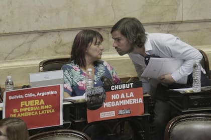 Dos diputados de Izquierda junto a los carteles que exhiben hoy en sus bancas