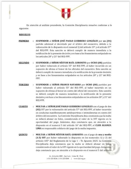 Todas las sanciones que la FPF le otorgó a los integrantes de Alianza Lima