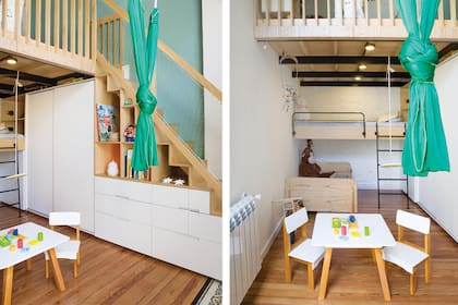 Todos los muebles del dormitorio infantil fueron proyectados a medida por Estudio Yama y realizados por Mamut Diseño con MDF laqueado y MDF enchapado en guatambú. Del cielo raso cuelga una hamaca de tela: soldaron ganchos a la estructura del techo para sujetarla.