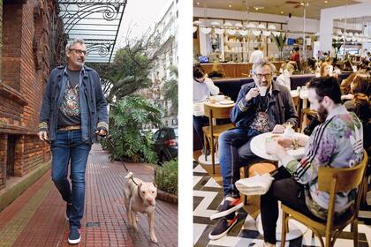 Una vueltita al perro al lado del emblemático edificio La Colorada, en la calle Seguí, y tomando su habitual café en Birkin, ahí nomás.