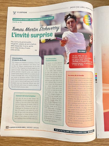 Tomás Etcheverry, el "invitado sorpresa" a los cuartos de final de Roland Garros, en las páginas de Le Quotidien, el diario oficial del torneo
