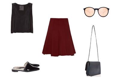 Top (Deleon, $1780) Anteojos (Mormaii) Falda (Las Pepas, $1290) Bandolera (Peter Kent) Zapatos (Abril Pereyra Lucena, $3038)
