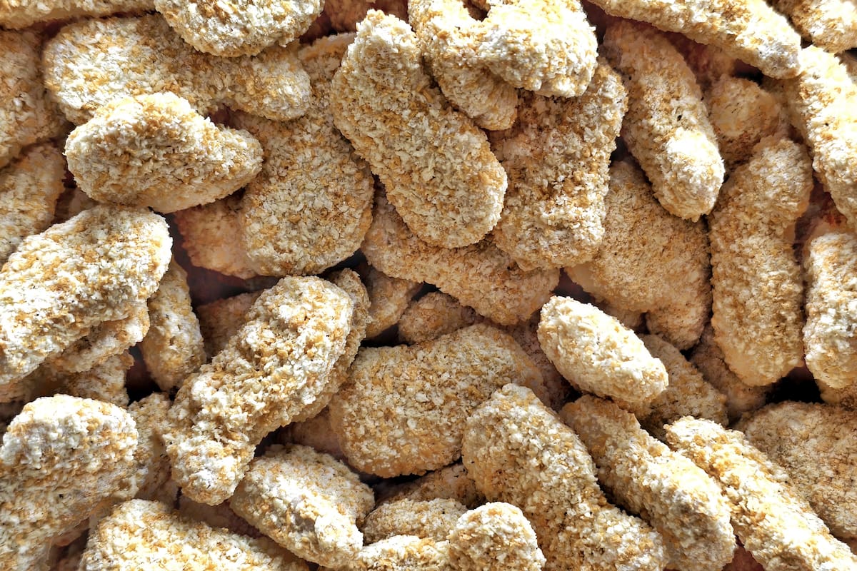 top view of chicken nuggets. raw food. frozen food in the supermarket