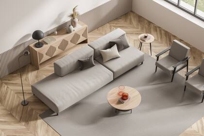 Top view on bright living room interior with large brown sofa, two cozy armchairs, carpet, pillows, panoramic window, sideboard with lamp, books. Concept of comfortable place for meeting. 3d rendering