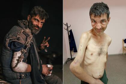 TOPSHOT - This combination picture shows a file handout photograph released by the Azov regiment on May 11, 2022 of Ukrainian serviceman Mykhailo Dianov gesturing inside the Azovstal iron and steel works factory in eastern Mariupol (L) and a handout photograph released by Security Service of Ukraine on September 22, 2022 of Ukrainian serviceman Mykhailo Dianov gesturing after his release as part of a mass prisoner of war exchange in Chernigiv region (R) amid the Russian military invasion of Ukraine. (Photo by Handout / various sources / AFP) / RESTRICTED TO EDITORIAL USE - MANDATORY CREDIT "AFP PHOTO / HO / AZOV SPECIAL FORCES REGIMENT OF UKRAINE / HO / SECURITY SERVICE OF UKRAINE" - NO MARKETING NO ADVERTISING CAMPAIGNS - DISTRIBUTED AS A SERVICE TO CLIENTS