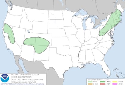 Tormentas eléctricas aisladas en el noreste y las Cuatro Esquinas, sin riesgo de granizo o tornados