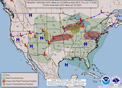 Tormentas eléctricas con lluvias torrenciales podrían causar inundaciones súbitas en Pensilvania, Virginia Occidental, Maryland, Ohio y Nueva York, donde el índice de humedad alcanzará niveles máximos históricos, según el Servicio Meteorológico Nacional
