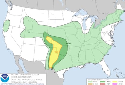 Tormentas eléctricas con ráfagas de 100 km/h amenazan Kansas y Oklahoma este jueves, según el SPC