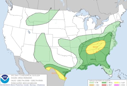 Tormentas eléctricas severas amenazan el Valle de Tennessee y los Apalaches, con granizo de más de 5 cm y ráfagas destructivas