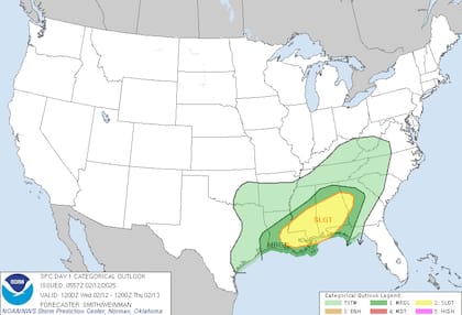 Tormentas severas en el sur: vientos de hasta 100 km/h y riesgo de tornados aislados afectan Tennessee, Georgia y Alabama