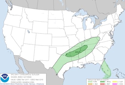 Tormentas severas podrán registrarse en el valle bajo del Mississippi, con lluvias localmente intensas