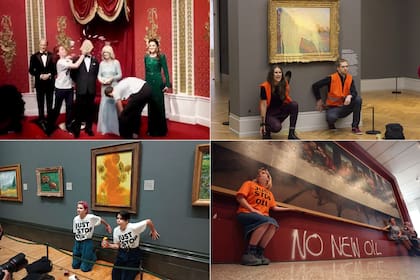 Tortazos a la estatua de Carlos III en el Museo de cera de Londres; puré de papas sobre un Monet; sopa de tomate sobre Van Gogh y manifestantes del grupo de protesta climática "Just Stop Oil" pegan sus manos al marco de una copia de "La última cena" de Leonardo da Vinci
