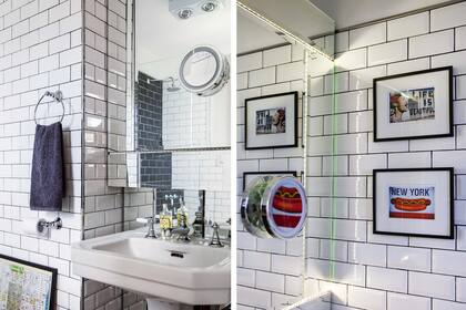 Totalmente renovado, el baño muestra una bacha antigua restaurada, grifería retro (FV) y un gran espejo que oculta el espacio de guardado.