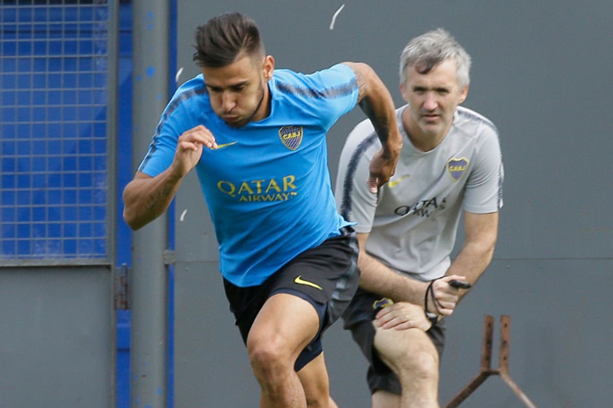 Toto Salvio, en un entrenamiento. Llegó a Boca en el receso y las lesiones le impidieron rendir a pleno.