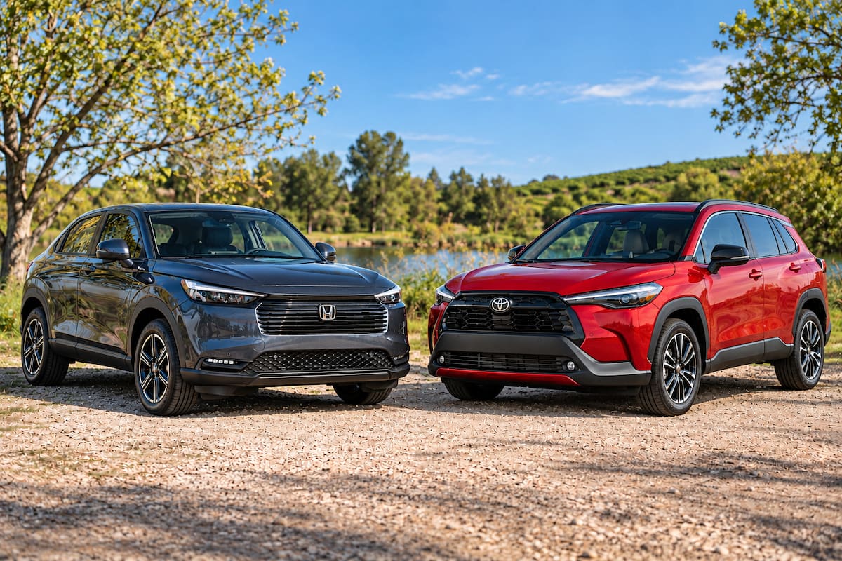 Toyota Corolla Cross vs Honda HR-V (imagen generada con inteligencia artificial a partir de fotografías oficiales de las automotrices)
