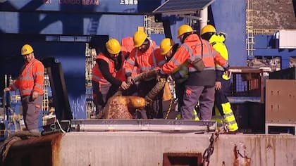 Trabajadores en el puerto de El Pireo.