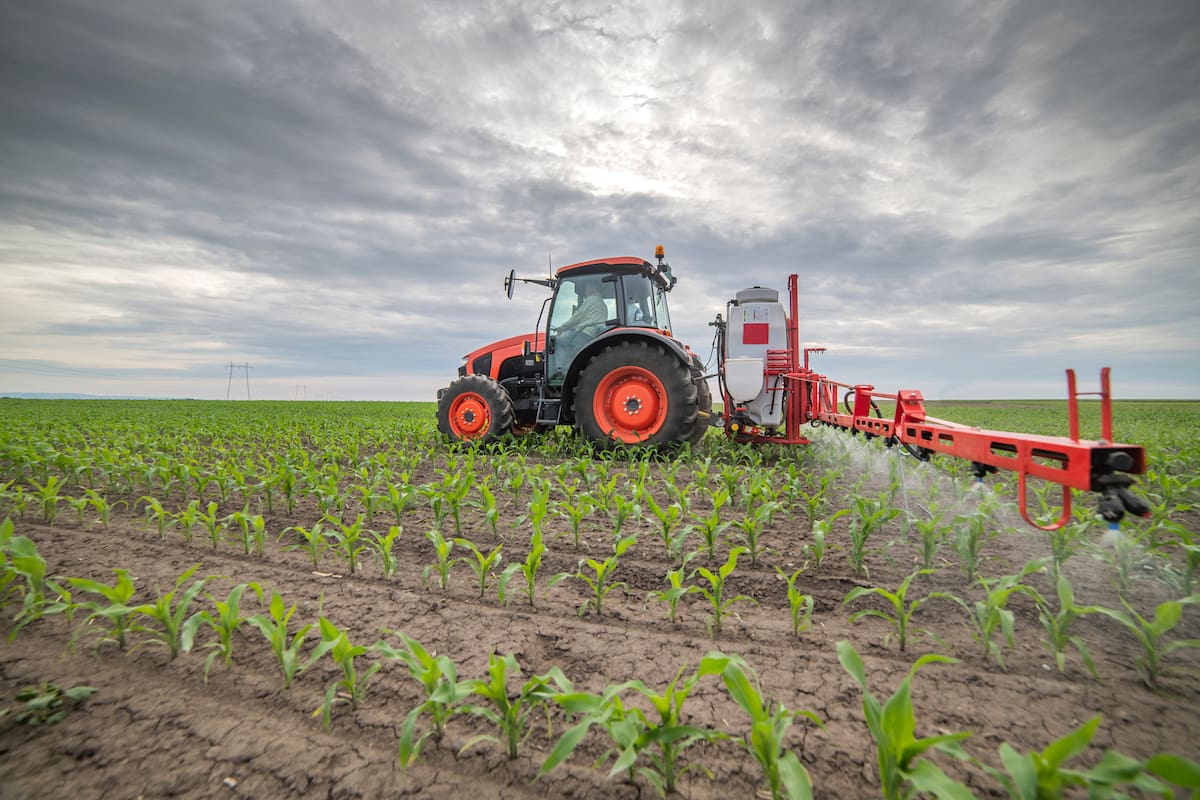 Tractor spray fertilize field with insecticide herbicide chemicals in agriculture field
