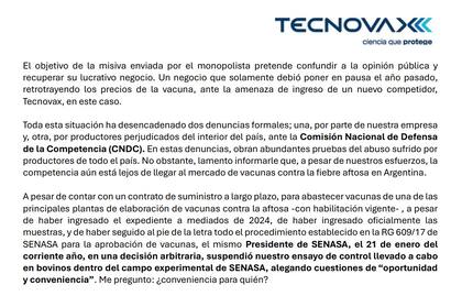 Tramo de la carta donde Tecnovax embiste contra el Senasa
