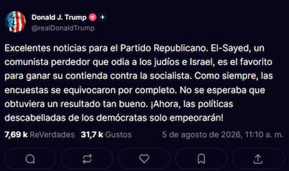 Tras conocerse el resultado, el presidente Trump descalificó a El-Sayed en redes sociales catalogándolo como un "comunista perdedor"