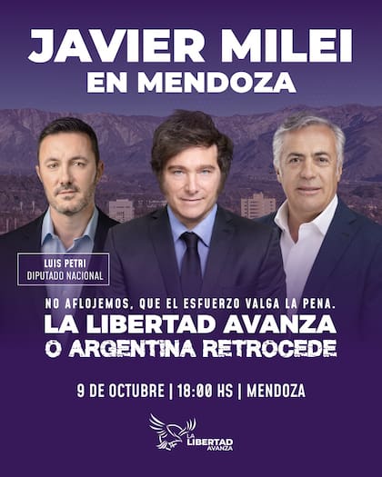 Tras el almuerzo en el sur, Milei se trasladará con Cornejo y Petri a la capital provincial para participar de una caminata.