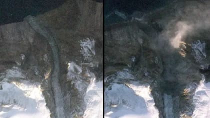 Tras el deslizamiento de tierra, una nube de polvo fue identificada en una imagen satelital (derecha)